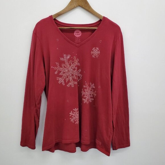 Life Is Good Womens Snowflake Long Sleeve Crusher Tee Size XL Maroon Red V-Neck - Picture 3 of 14